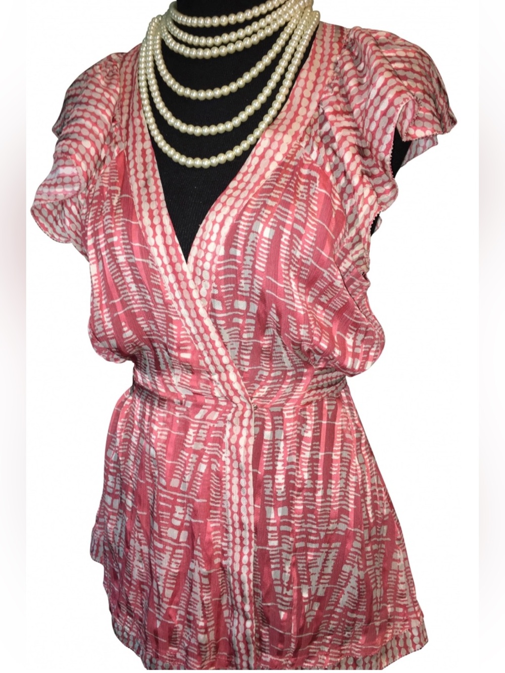 BCBGMaxazaria Silk Pink and White Patterned Wrap-Belted Blouse